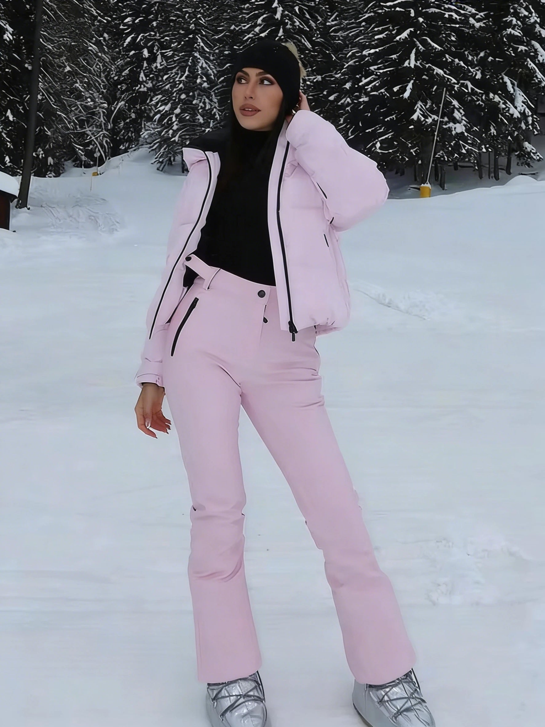 Winter Pink Thicken Warm Women's Skiwear Fashoin Hooded Cotton Padded Jacket Coats + Long Straight Pants 2026 New Women Ski Suit